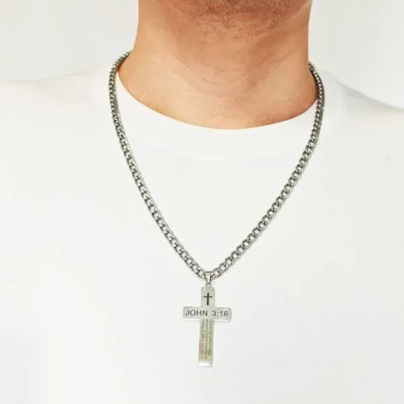 Stainless Steel Cross Necklace Engraved John 3:16 Classic Faith Jewelry Gift - Picture 4 of 7